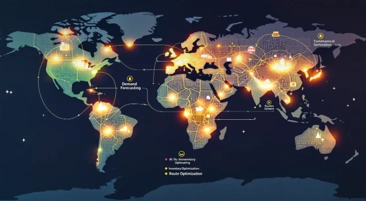 Visualized supply chain with AI-powered components for demand forecasting and route optimization